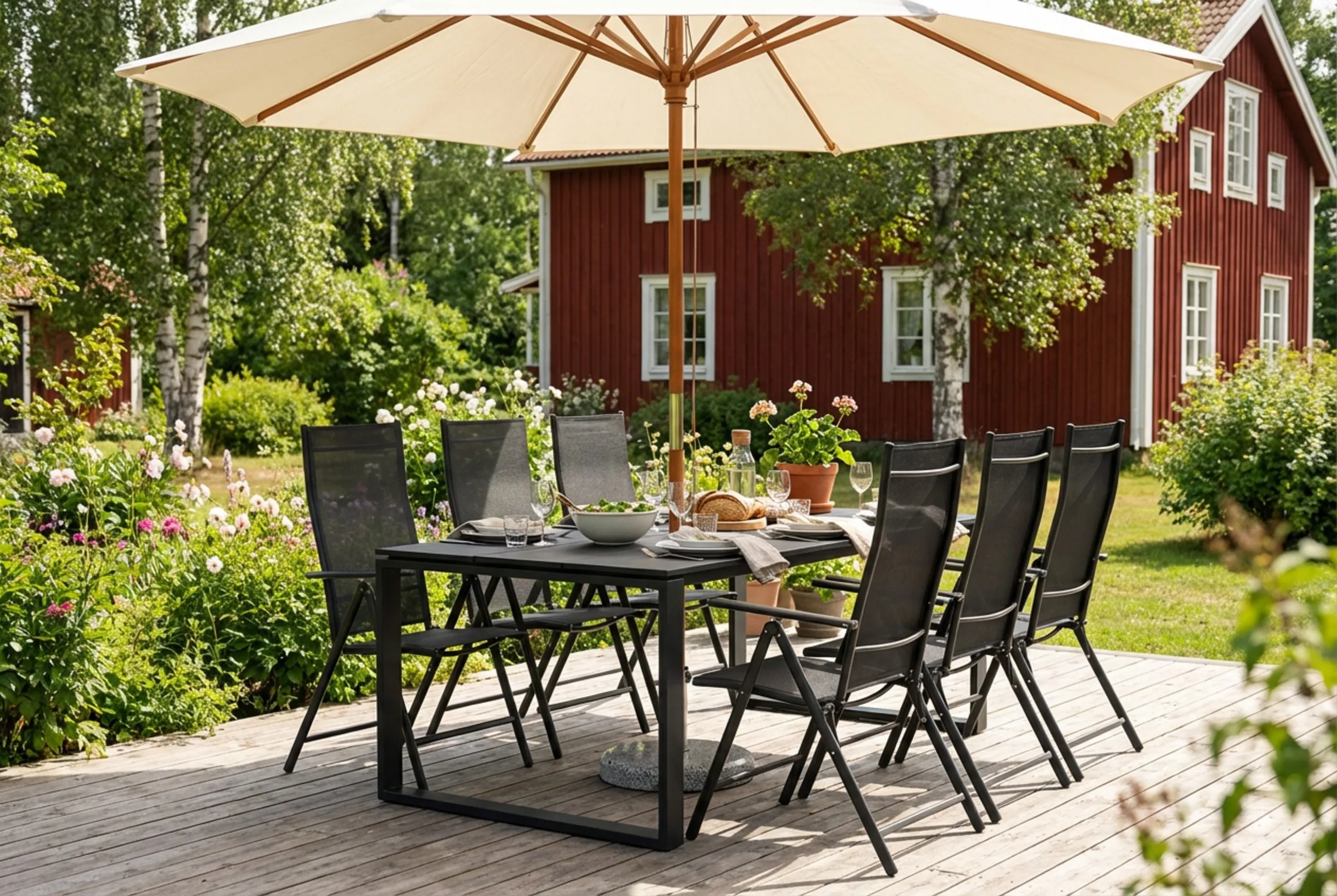 Devon utendørs spisegruppe 210x100 cm med 6 regulerbare stoler