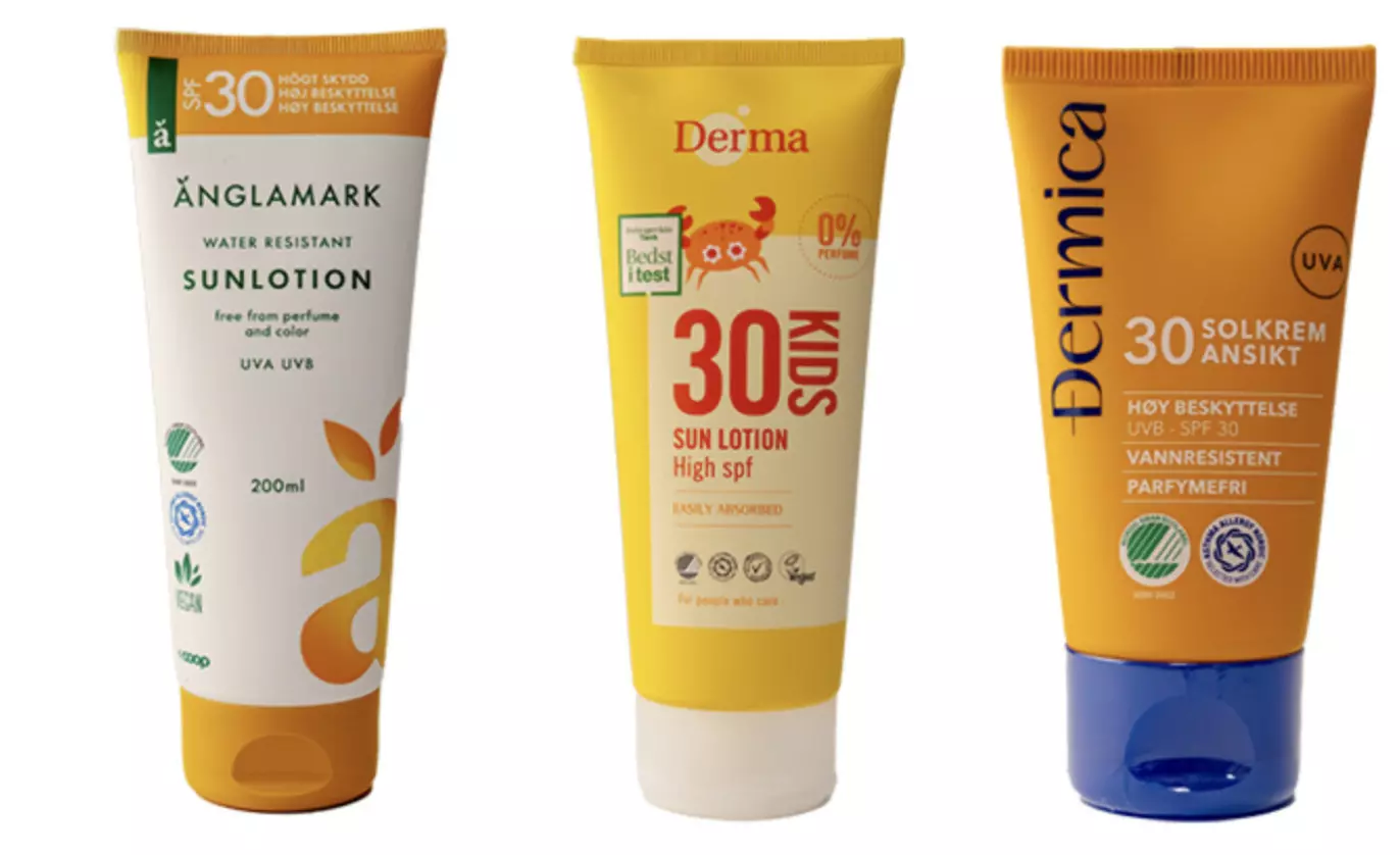 Velger du en av solkremene som fikk grønt fjes i Forbrukerrådets solkremtest for 2023 – som for eksempel produkter fra Änglamark, Derma eller Dermica – kan du være trygg på at du får en solkrem uten mistenkt hormonforstyrrende, miljøskadelige eller allergifremkallende stoffer.