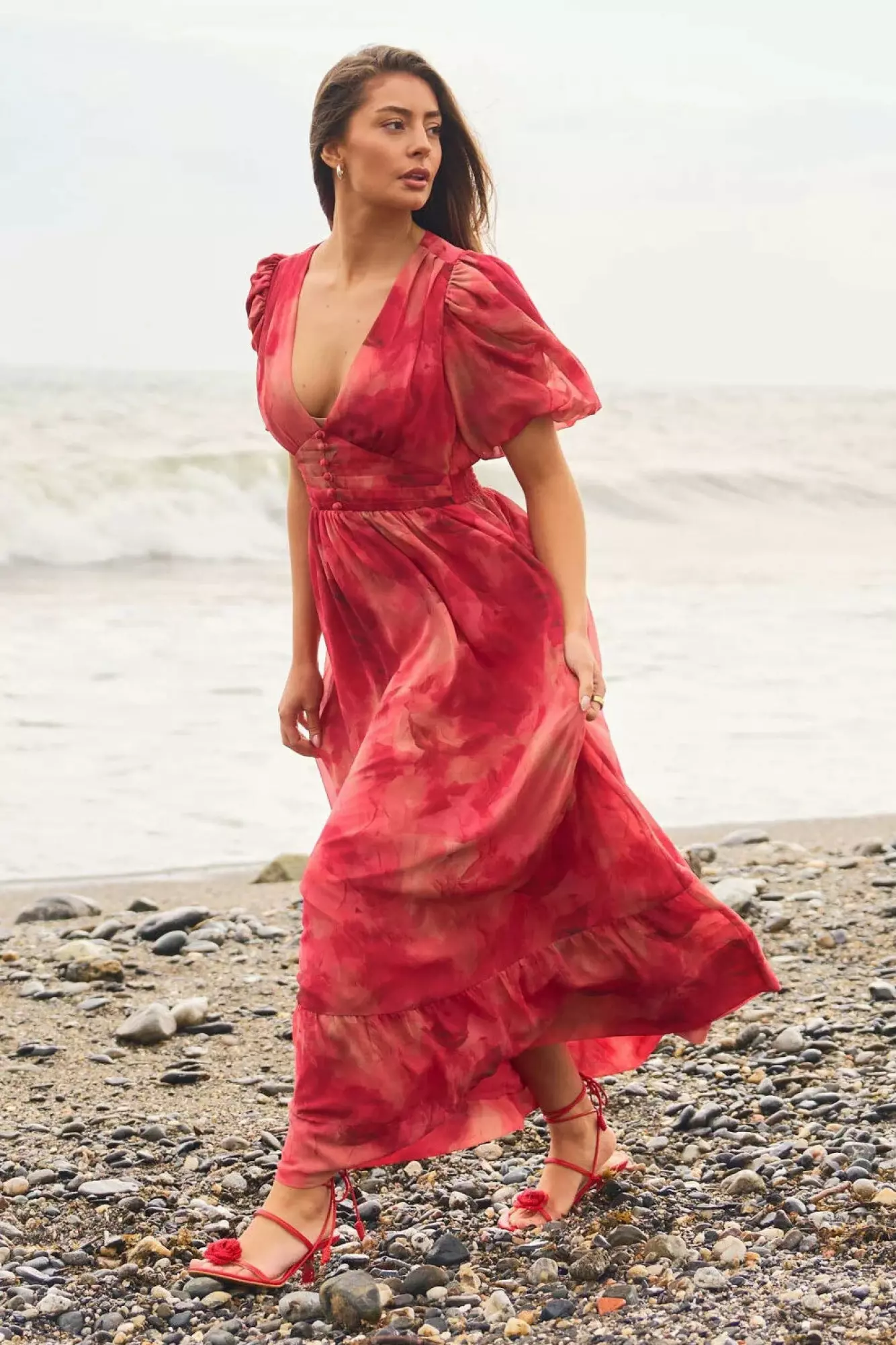 Nordalill Chiffon Maxi Dress - Coral Red